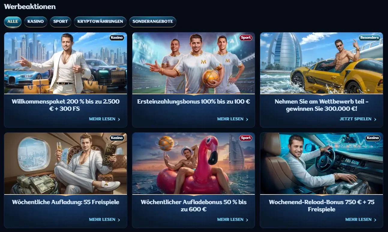 Übersicht der Millioner Casino Werbeaktionen mit Willkommensbonus, Sportbonus und wöchentlichen Reload-Angeboten