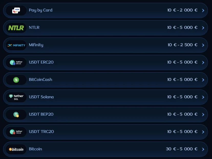 Metody wpłat w Millioner Casino obejmujące karty płatnicze, MiFinity i kryptowaluty z limitami