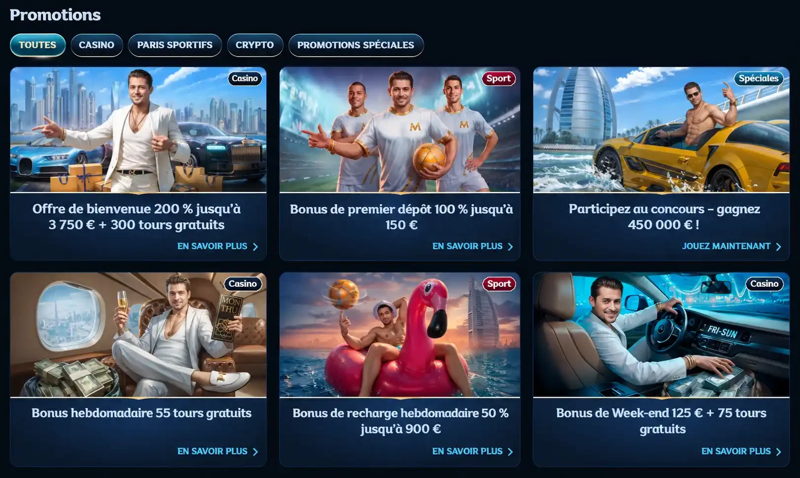Offres promotionnelles de Millioner Casino avec bonus de bienvenue, bonus sportif et recharges hebdomadaires