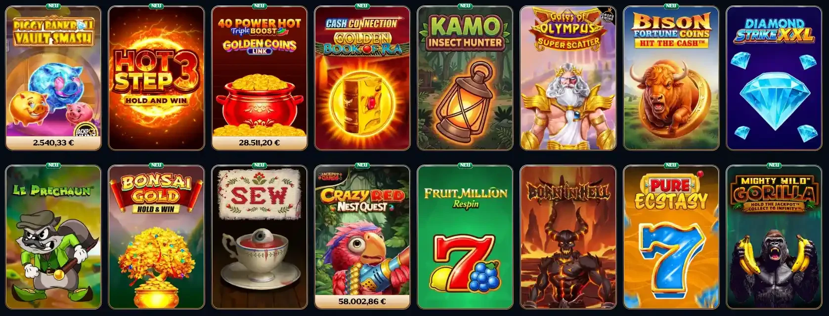 Auswahl beliebter Spielautomaten und neuer Slot-Spiele in der Millioner Casino Lobby  Копіювати Alt-Text