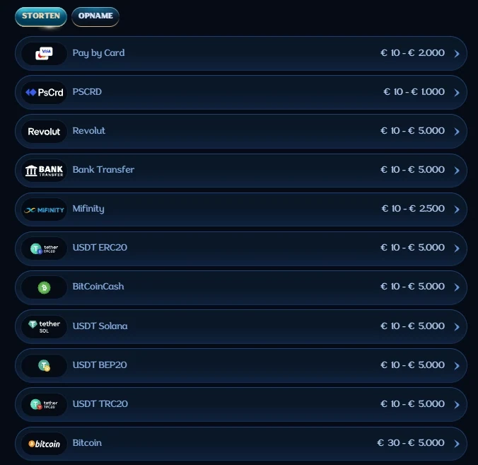 Beschikbare stortingsmethoden bij Millioner Casino met bankkaart, bankoverschrijving, Revolut, MiFinity en cryptovaluta