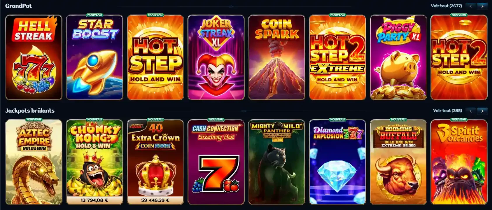 Sélection de machines à sous et de jeux à jackpot dans le lobby de Millioner Casino