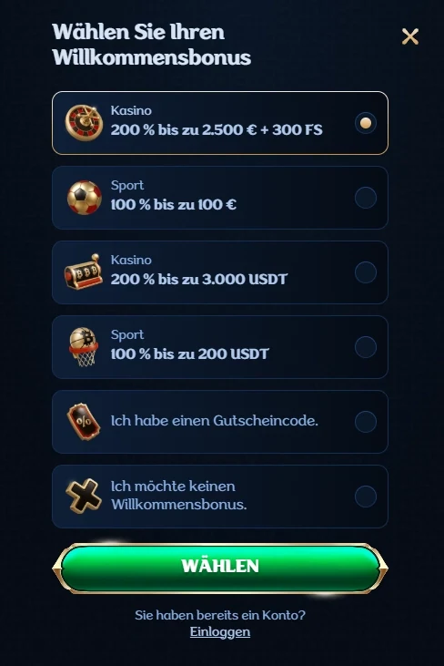 Auswahl des Willkommensbonus bei Millioner Casino mit Casino- und Sportangeboten sowie Krypto-Boni